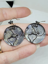 Vintage Sterling Silver Handmade Repousse Globe Earth Disc Dangle Earrings
