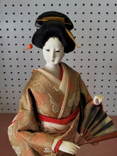 Vintage Handmade Geisha Doll With Stand And Hand Fan Fabric Kimono
