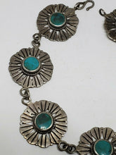 Vintage Navajo Sterling Silver Turquoise Flower Stamped Accent Bracelet  8 1/4"
