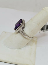 Sterling Silver Emerald Cut Amethyst & Illusion Diamond Accent Halo Ring