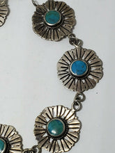 Vintage Navajo Sterling Silver Turquoise Flower Stamped Accent Bracelet  8 1/4"
