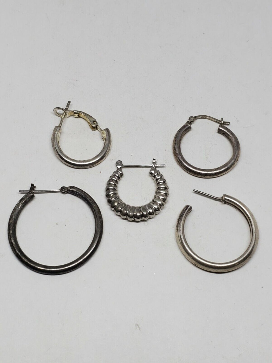 Sterling Silver Lot Of 5 Single Hoop Earrings 4 Plain 1 Ribbed