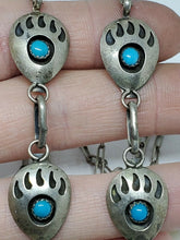 Vintage Navajo Sterling Silver Turquoise Bear Paw Feather Dangle Necklace