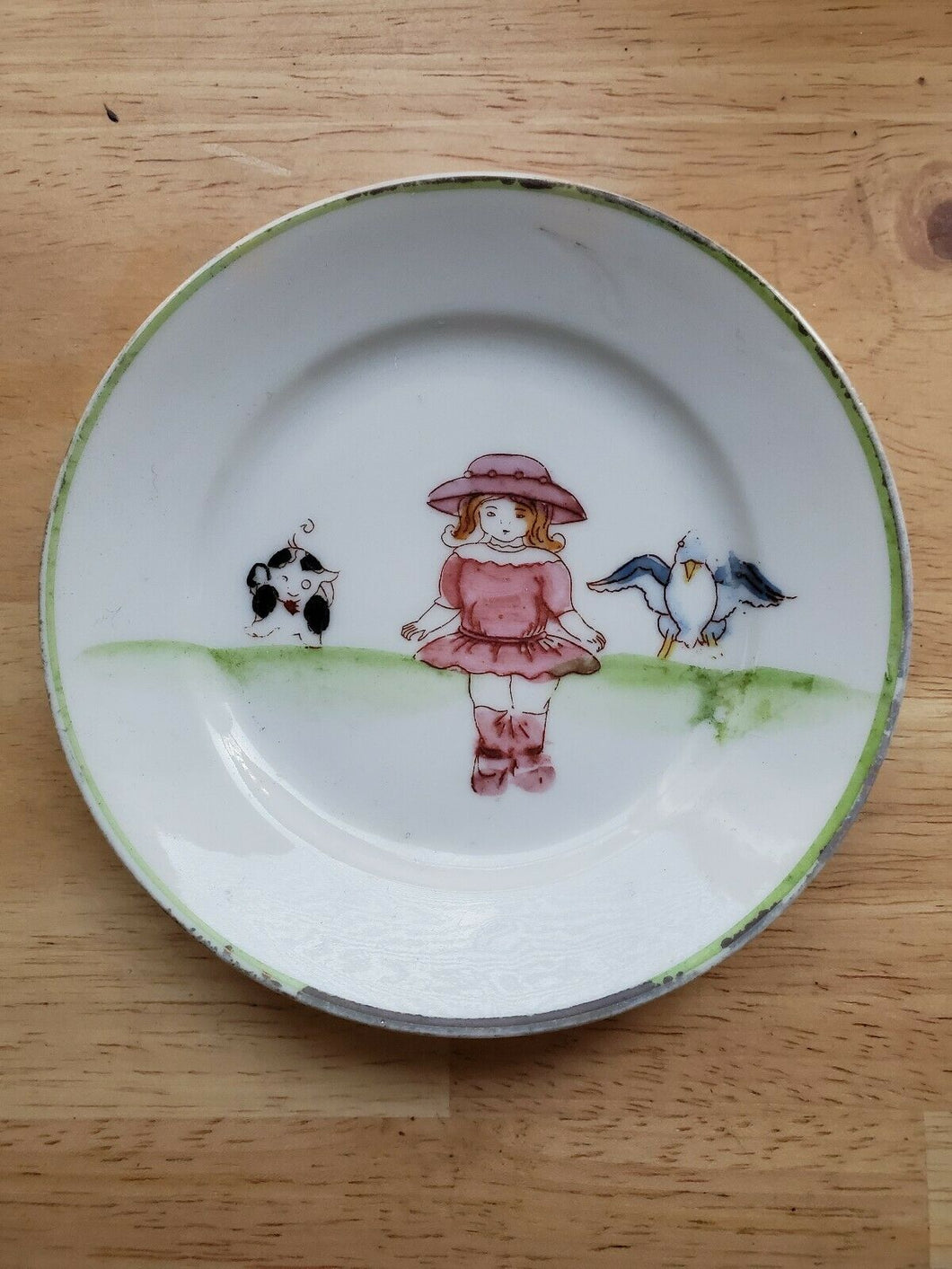 Vintage Hand Painted Nippon Little Girl With Animals Nut/Candy Dish