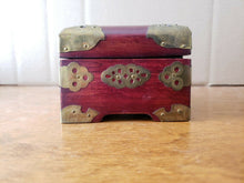 Vintage Chinese Cherry Wood Enamel Flower Motif Jewelry Box w/ Brass Hardware