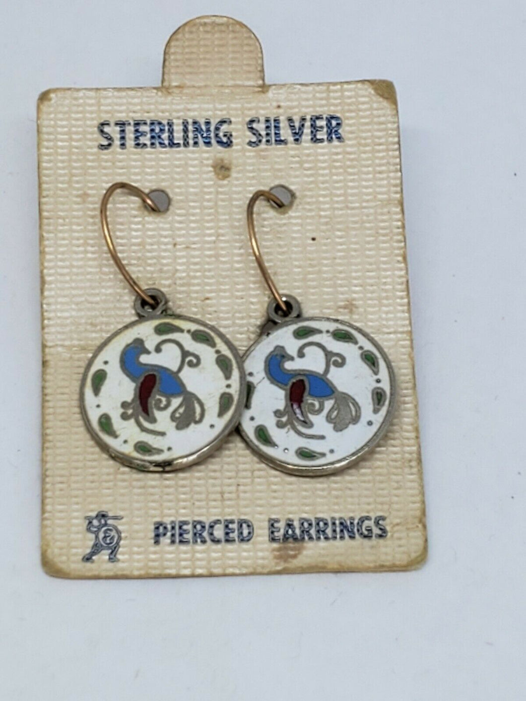 Vintage Sterling Silver Cloisonne Enamel Blue Bird Disc Drop Earrings