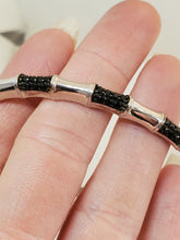 Sterling Silver Faceted Black Onyx Bamboo Texture Hinged Bangle Bracelet