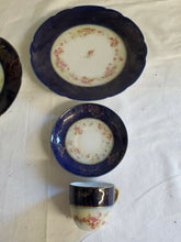 Antique Victoria Cobalt Blue And Rose Design Gold Filigree Dish Set #298
