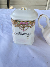 Vintage White Porcelain Colorful Flower Sugar Bowl & Filigree Nutmeg Jar & Lids